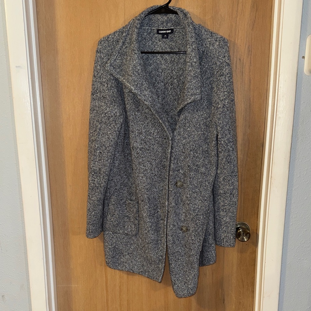 Lands' End Gray Marled Double Breasted Knit Cardigan Sweater Medium